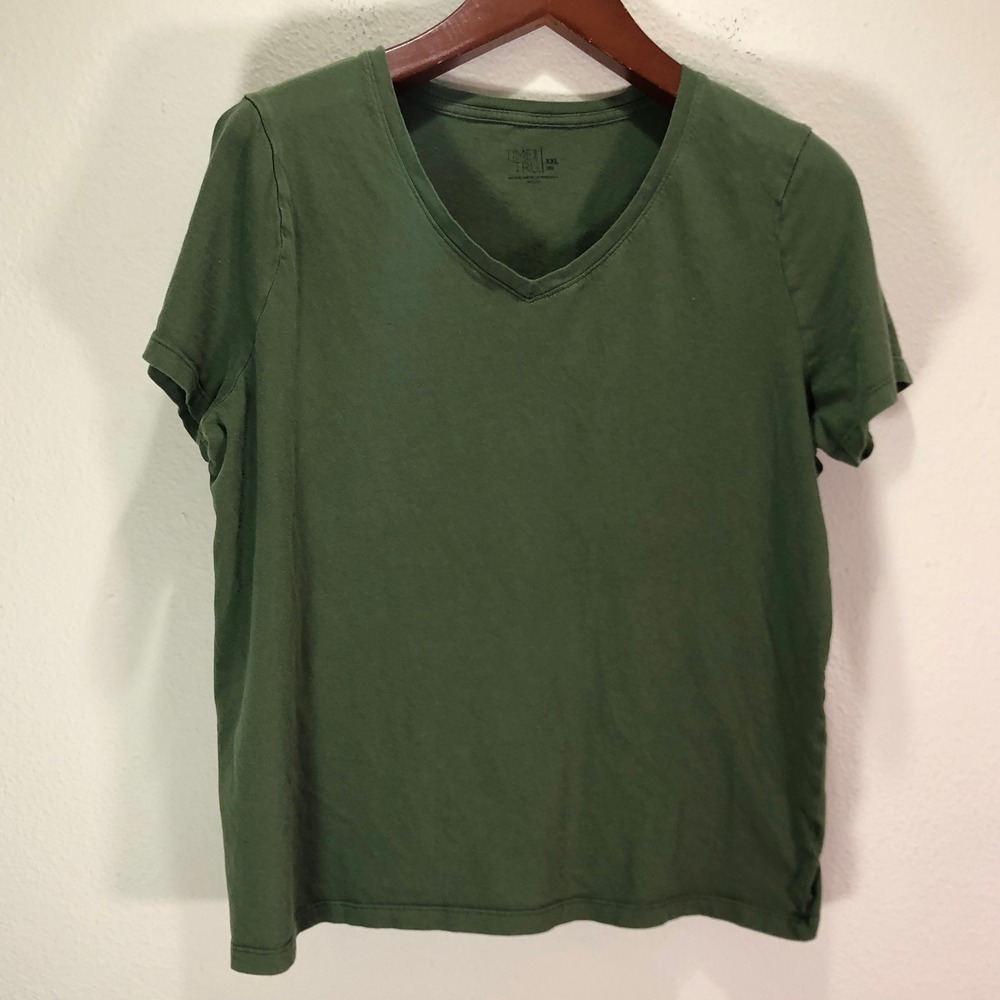 Time and Tru Womens XXL Olive Green V-Neck Short Sleeve T-Shirt Casual Knit Tee